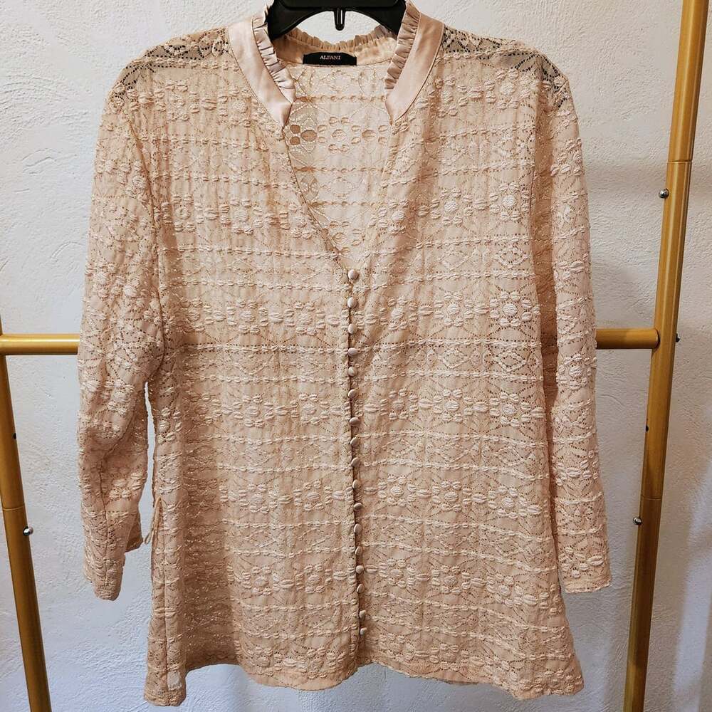Alfani Champagne Lace Button-Up Blouse With Satin Ruffle Trim